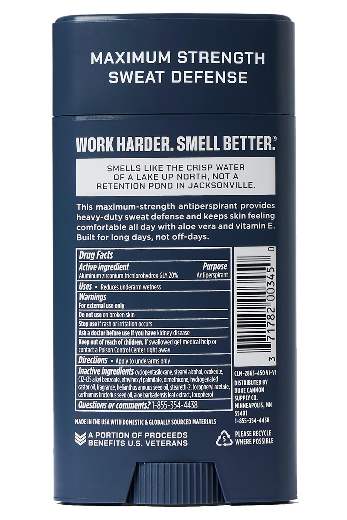 Duke Cannon Midnight Swim label close-up showing sandalwood lavender scent