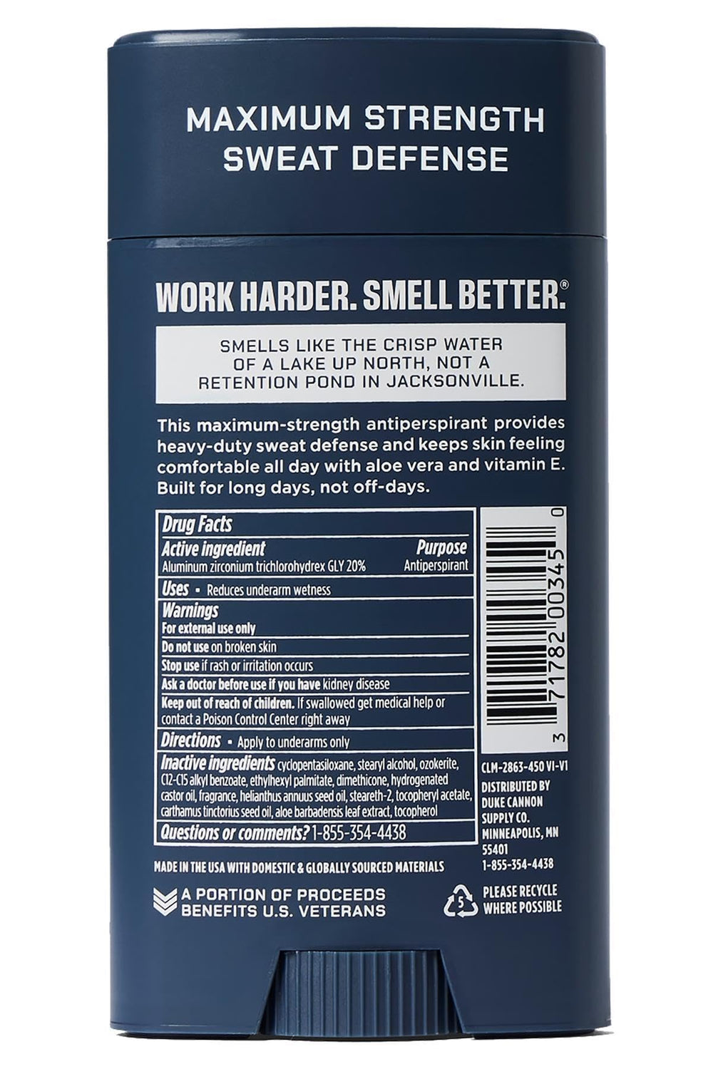 Duke Cannon Midnight Swim label close-up showing sandalwood lavender scent