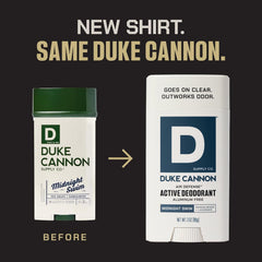 Duke Cannon Midnight Swim back label explains scent notes and skin-friendly ingredients.