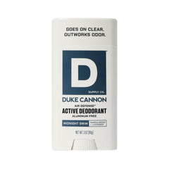 Duke Cannon Midnight Swim deodorant front label shows aluminum-free protection for all-day freshness.