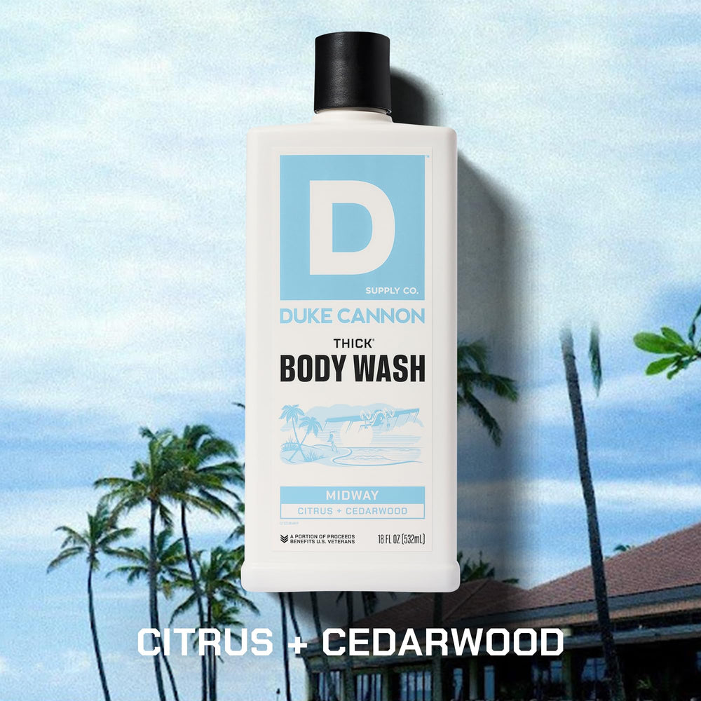 Duke Cannon Midway bottle angled showcases rugged packaging and premium feel.