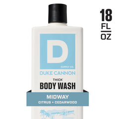 Duke Cannon Midway packaging close-up highlights bold branding and ingredients.