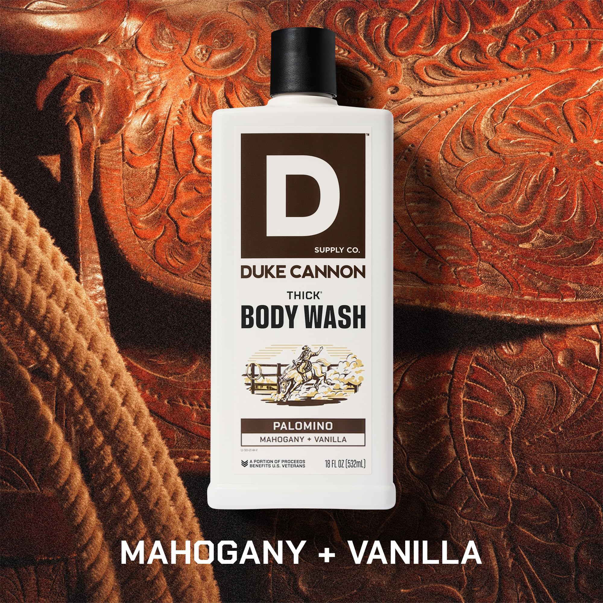 Duke Cannon Palomino bottle pour captured, showing rich lather and efficient use.