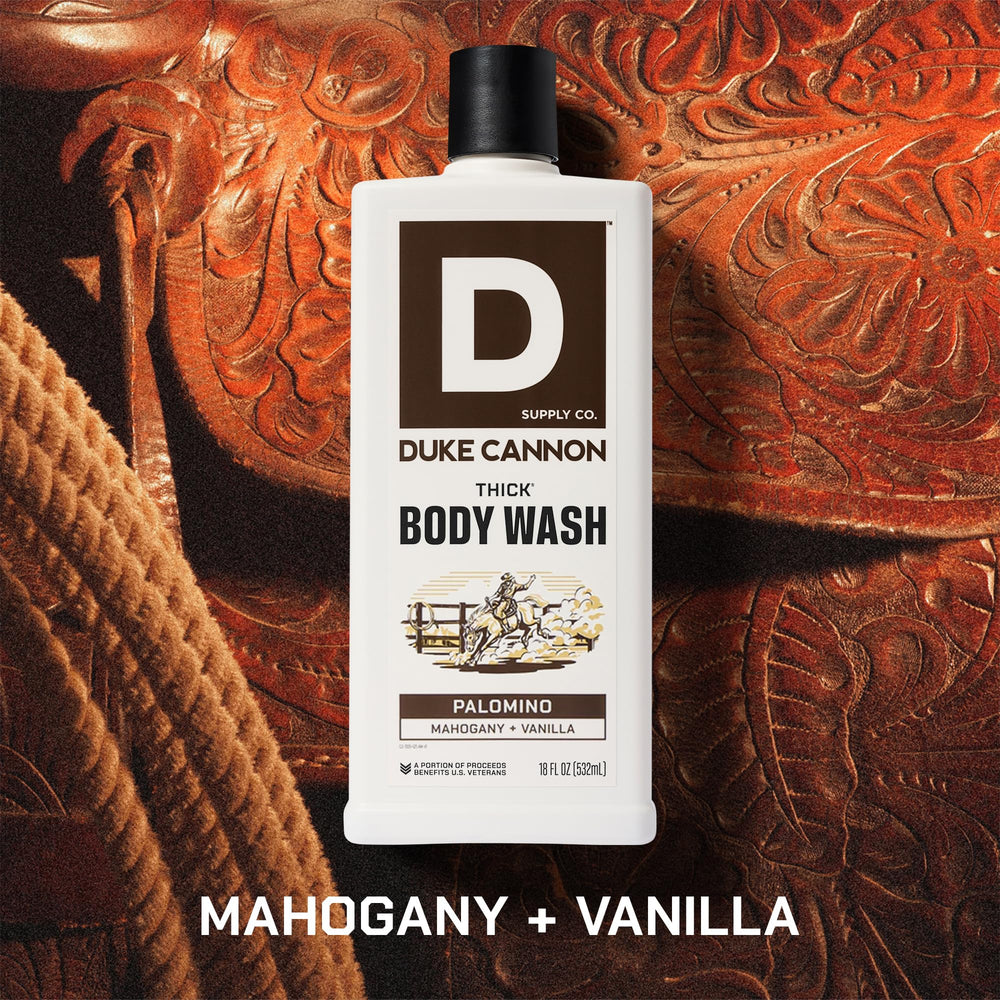 Duke Cannon Palomino bottle pour captured, showing rich lather and efficient use.