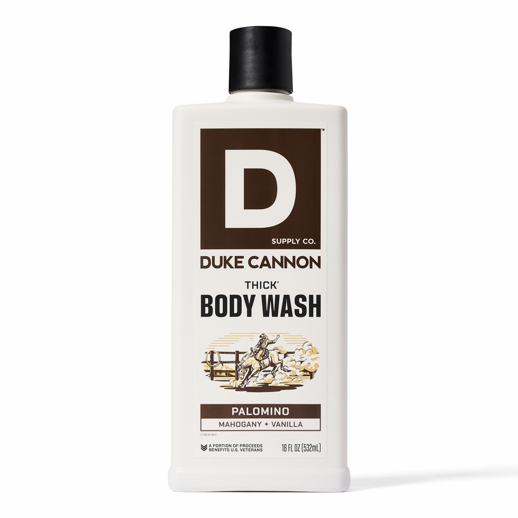 Duke Cannon Palomino thick body wash bottle front, delivering long-lasting clean and bold masculine aroma.