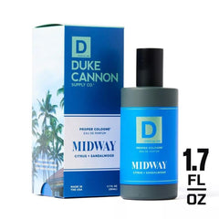 Duke Cannon Proper Cologne Midway bottle-back view emphasizes minimalist glass.