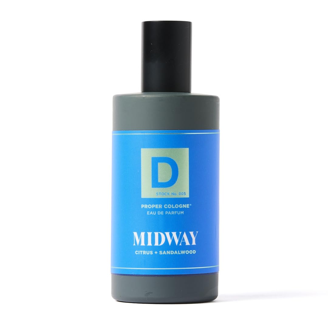 Duke Cannon Proper Cologne Midway cap close-up; apothecary-style design elevates display.