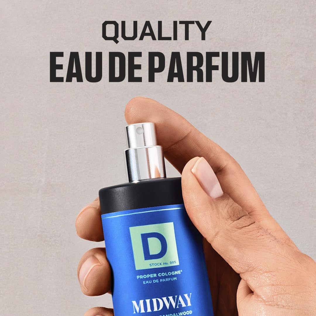 Duke Cannon Proper Cologne Midway label detail shows small-batch craftsmanship.