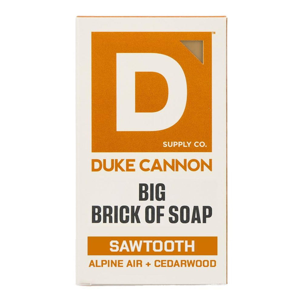 Duke Cannon Sawtooth bar soap packaging highlights rugged USA-made grooming staple