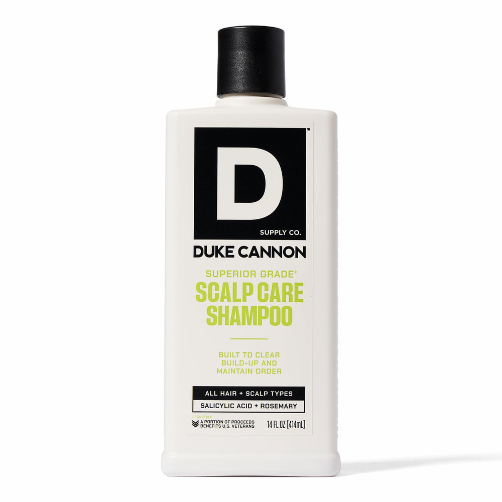 Duke Cannon Scalp Care Shampoo bottle pour for buildup removal and a refreshed cleanse.