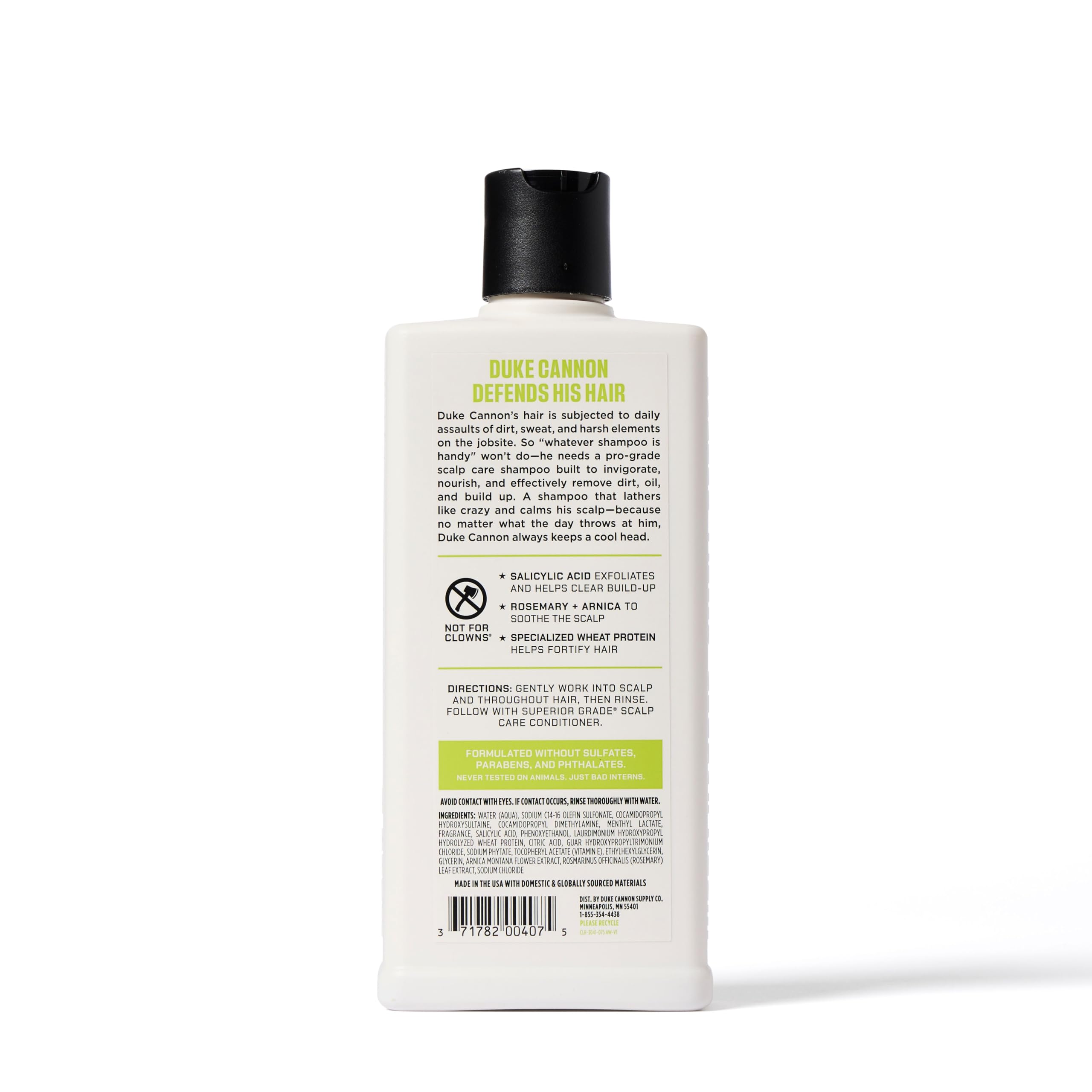 Duke Cannon Scalp Care Shampoo bottle lather delivers rich, luxurious cleanse.