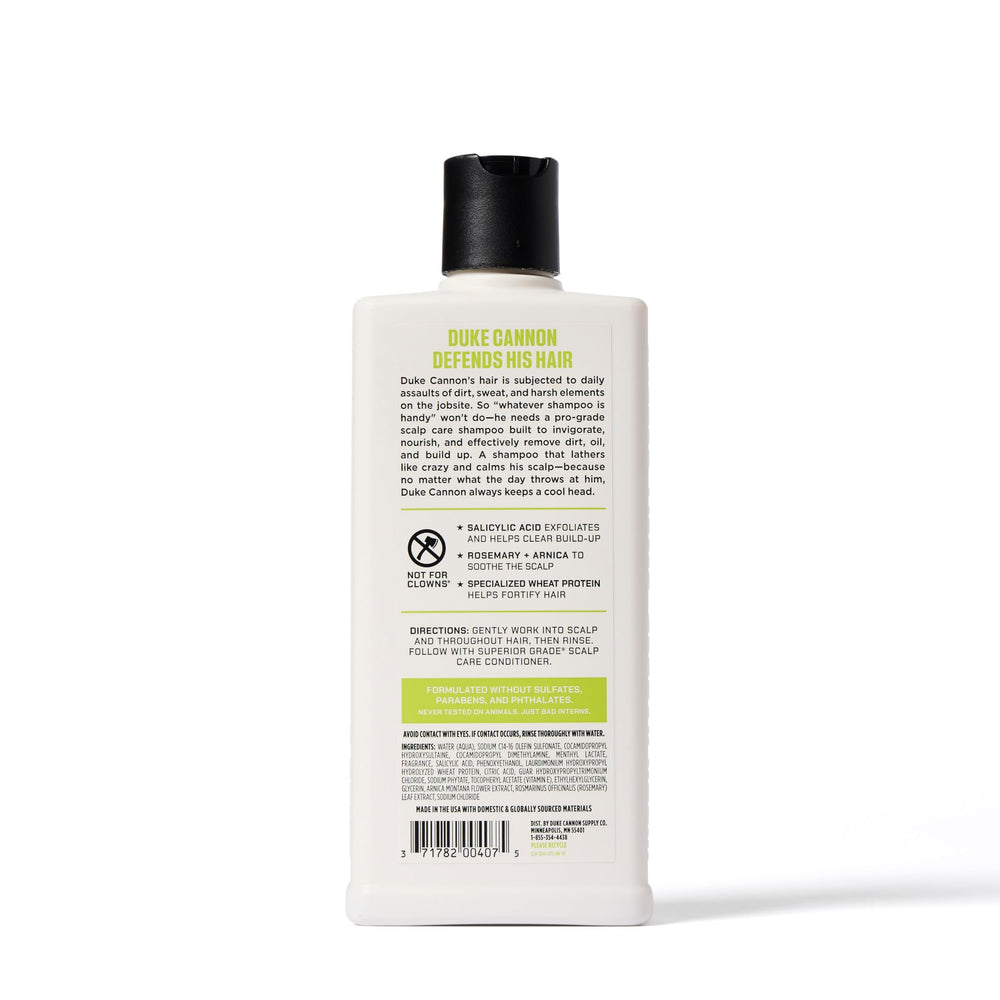 Duke Cannon Scalp Care Shampoo bottle lather delivers rich, luxurious cleanse.