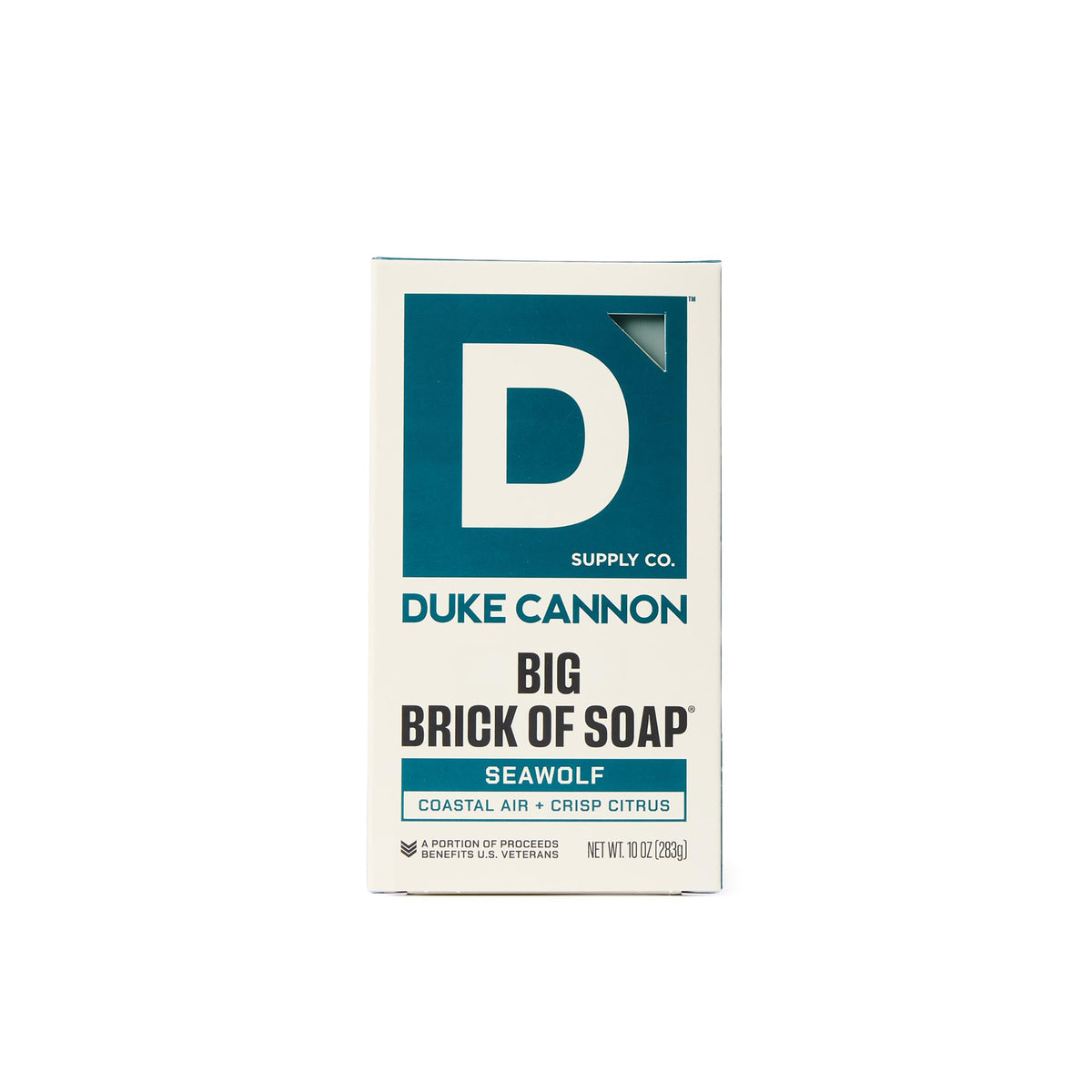 Duke Cannon Seawolf soap brick in rugged packaging, ready for everyday grooming.