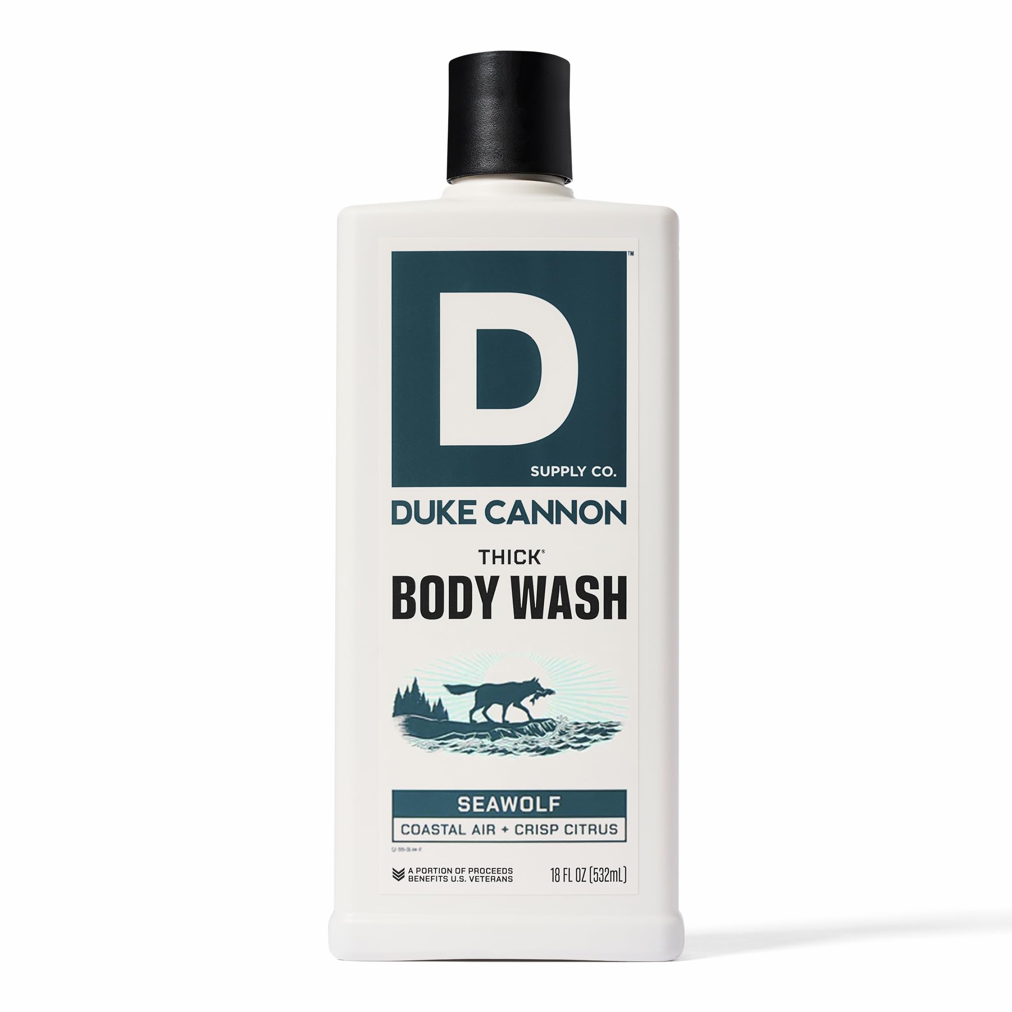 Duke Cannon Seawolf thick body wash bottle front shows bold scent and long-lasting lather.