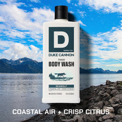 Duke Cannon Seawolf label detail highlights mineral-enriched formula for a refreshing cleanse.