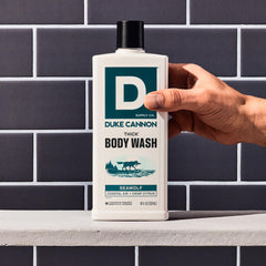 Duke Cannon Seawolf bottle pour illustrates easy dispensing and economical use.