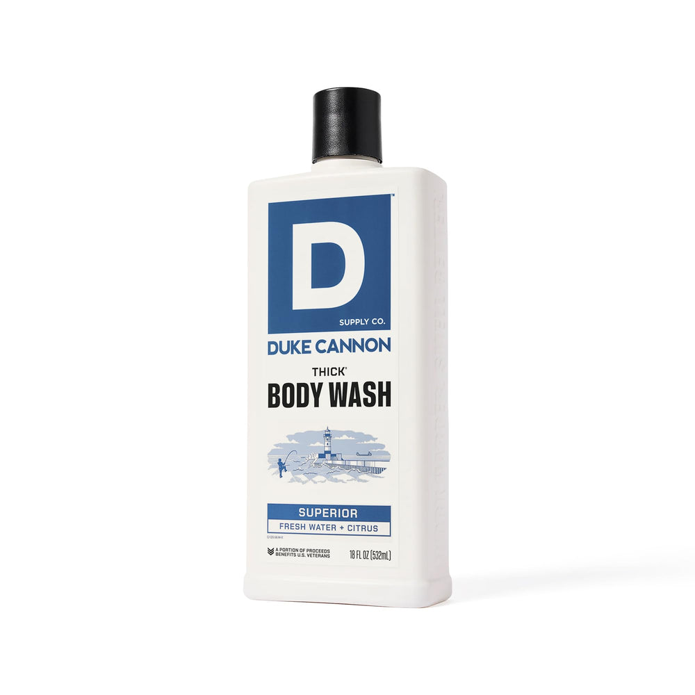 Duke Cannon body wash on a shelf beside towels and razor