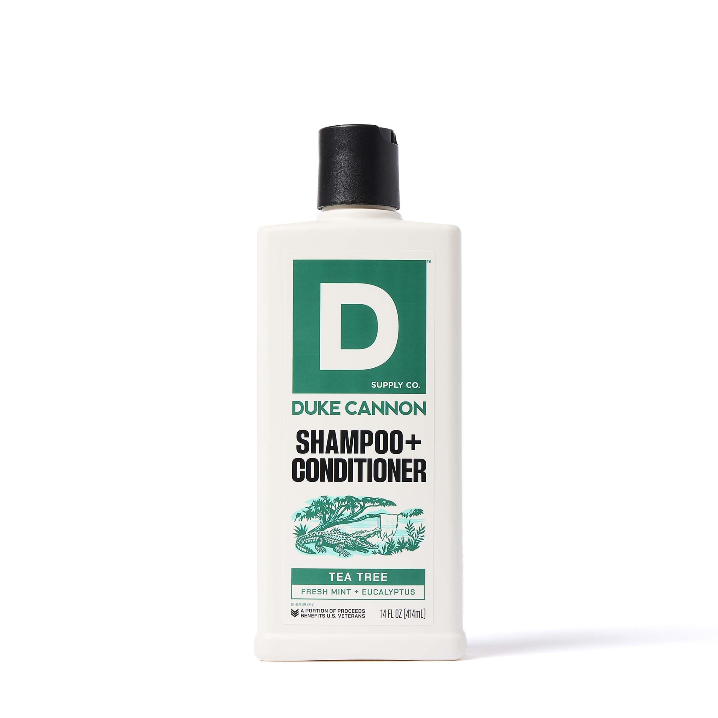 Duke Cannon Tea Tree 2-in-1 shampoo bottle for refreshed scalp.