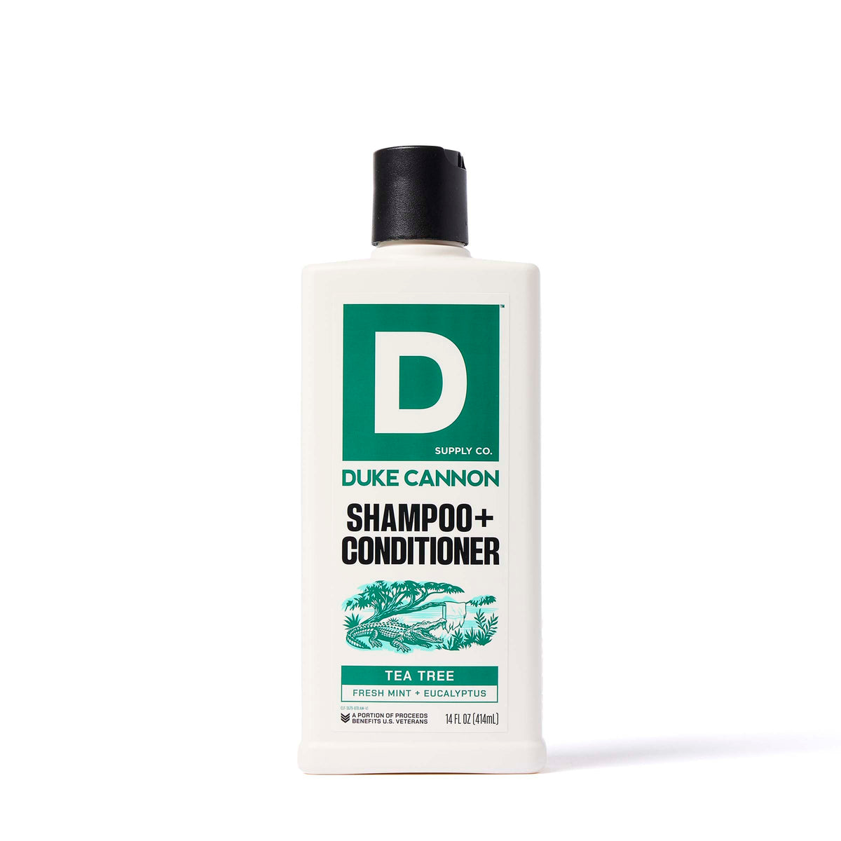 Duke Cannon Tea Tree 2-in-1 shampoo bottle for refreshed scalp.