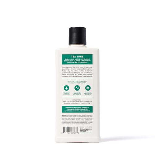 Duke Cannon Tea Tree 2-in-1 label highlights sulfate-free formula.