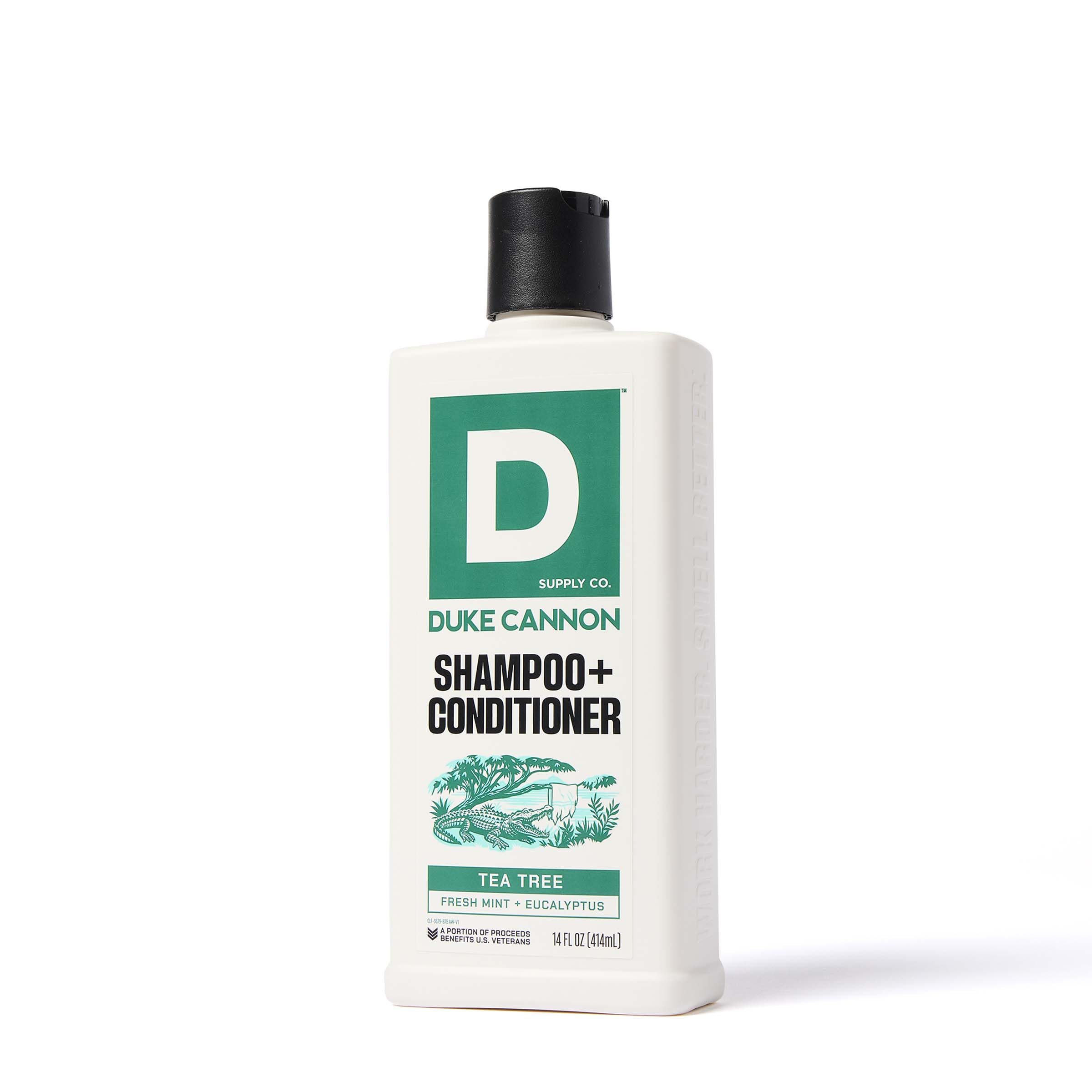 Duke Cannon Tea Tree 2-in-1 bottle on shelf with fresh scent.