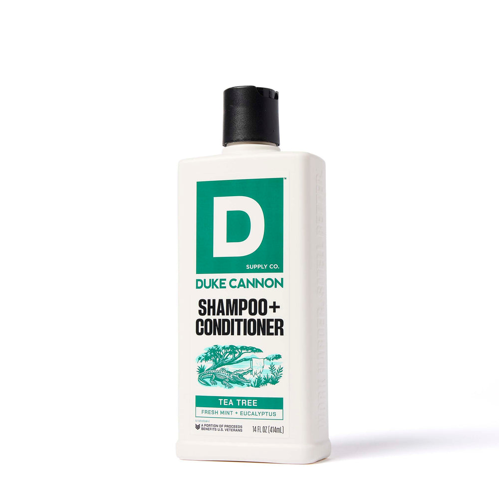 Duke Cannon Tea Tree 2-in-1 bottle on shelf with fresh scent.