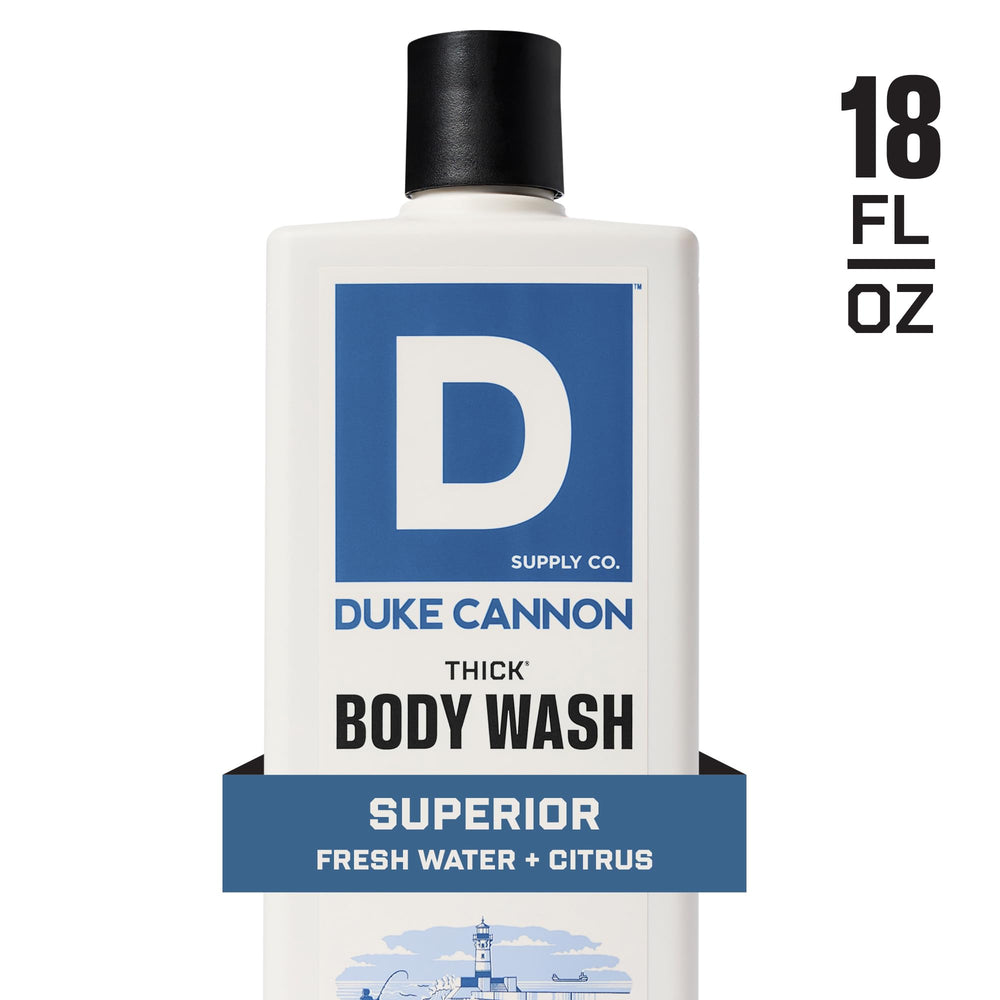 Duke Cannon Thick Body Wash 3X viscosity bottle showcases thick formula