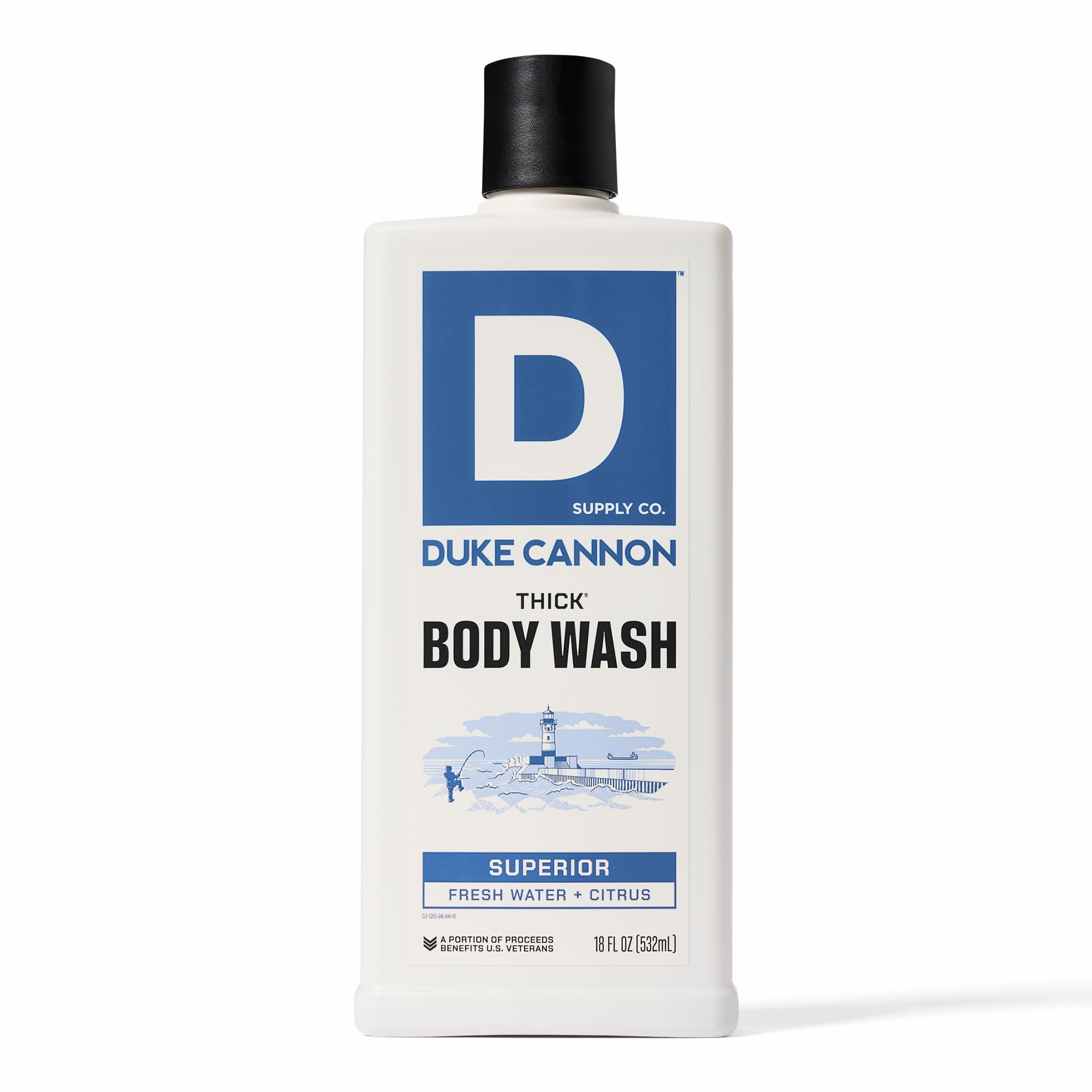 Duke Cannon Thick Body Wash bottle pouring rich lather for a thorough cleanse