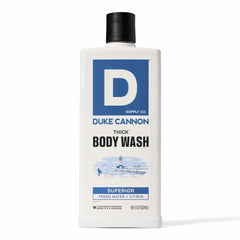 Duke Cannon Thick Body Wash bottle pouring rich lather for a thorough cleanse