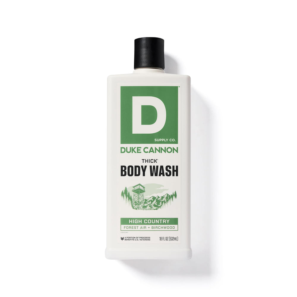 Duke Cannon Thick Body Wash cruelty-free label closeup emphasizing ethical grooming.