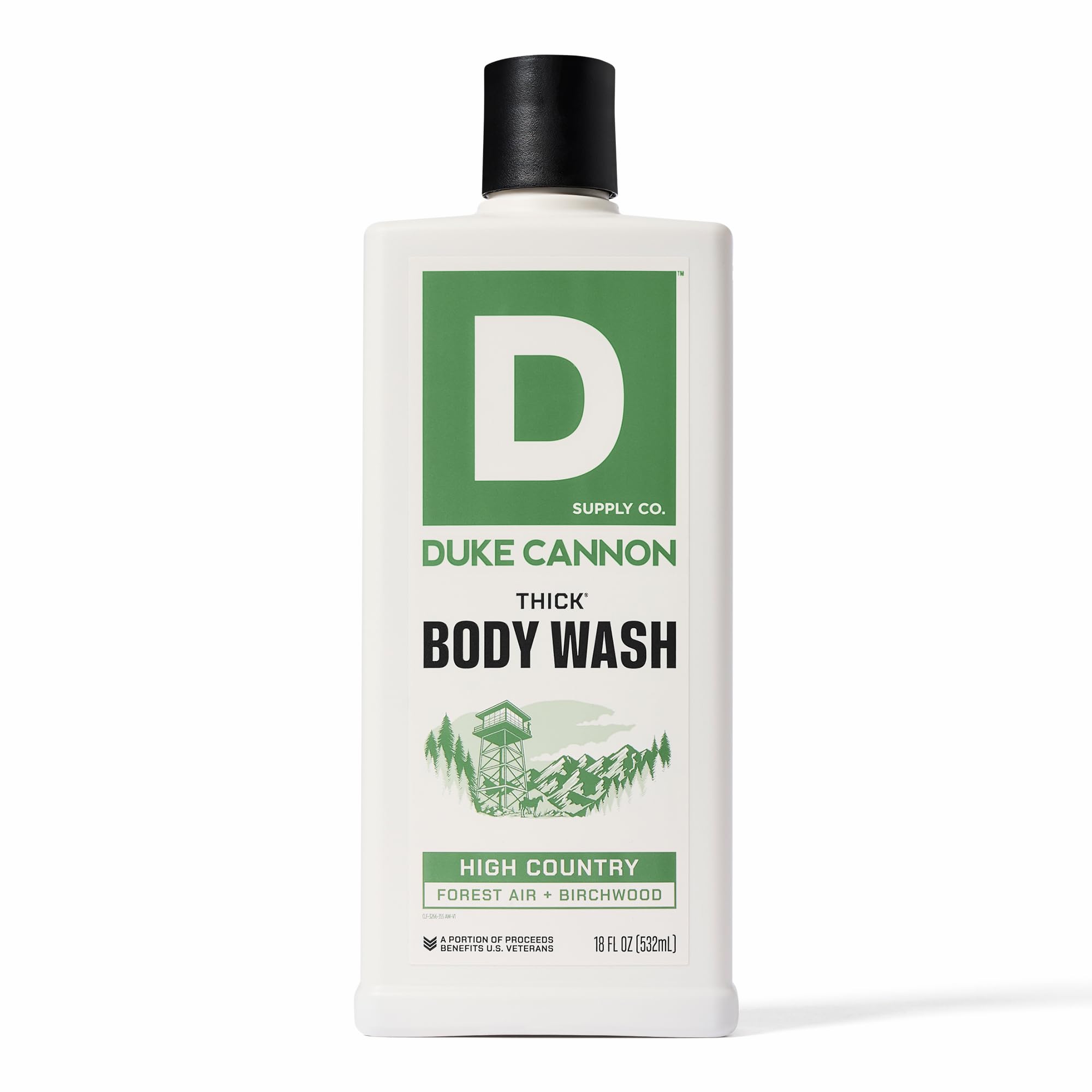 Duke Cannon Thick Body Wash High Country bottle showing rich lather and mineral infusion for a deep cleanse.