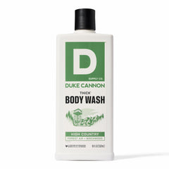Duke Cannon Thick Body Wash High Country bottle showing rich lather and mineral infusion for a deep cleanse.