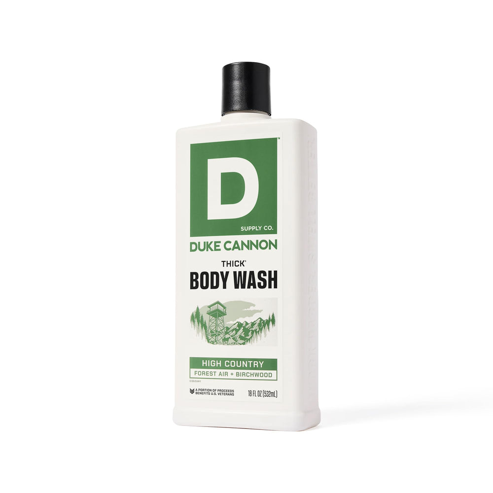 Duke Cannon Thick Body Wash label artwork conveying rugged outdoors branding.