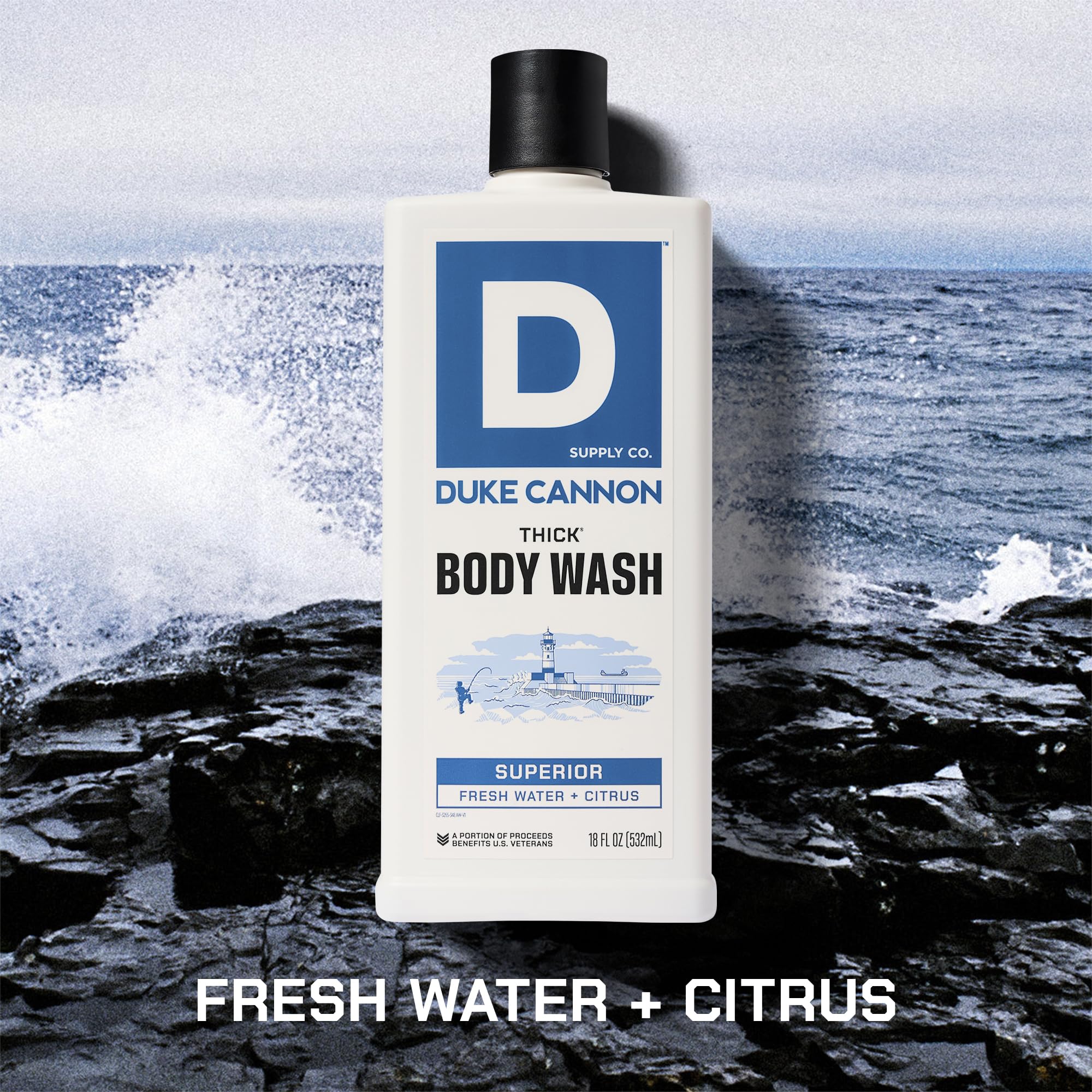 Close-up of Duke Cannon Thick Body Wash gel forming bubbles on loofah