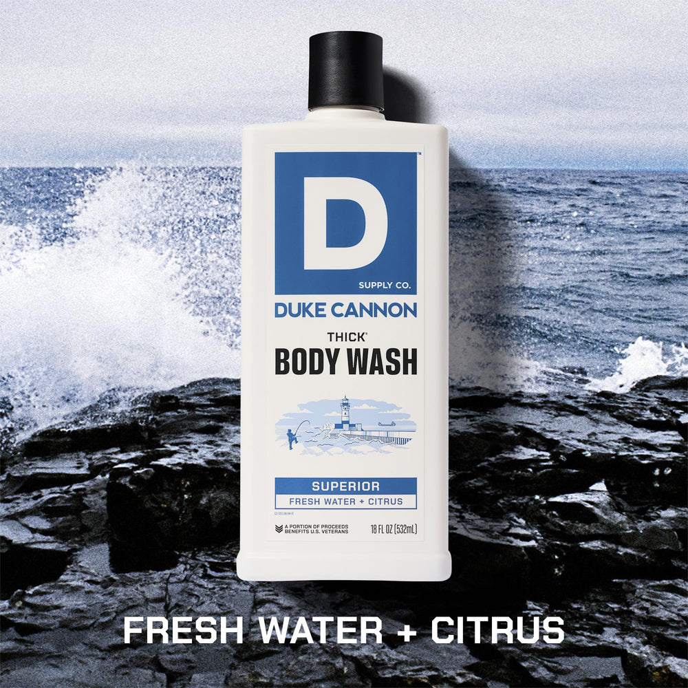 Close-up of Duke Cannon Thick Body Wash gel forming bubbles on loofah
