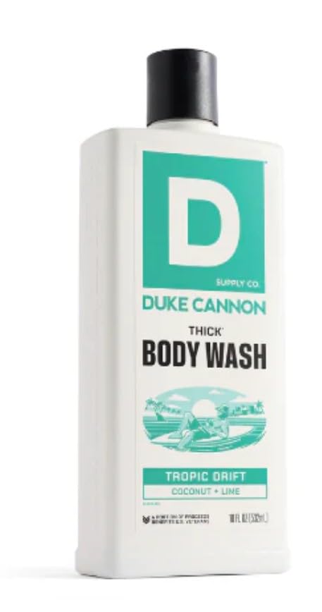 Duke Cannon Thick Tropic Drift label detail emphasizes bold, masculine fragrance.