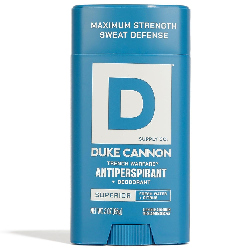 Duke Cannon Trench Warfare antiperspirant packaging showing rugged, long-lasting protection