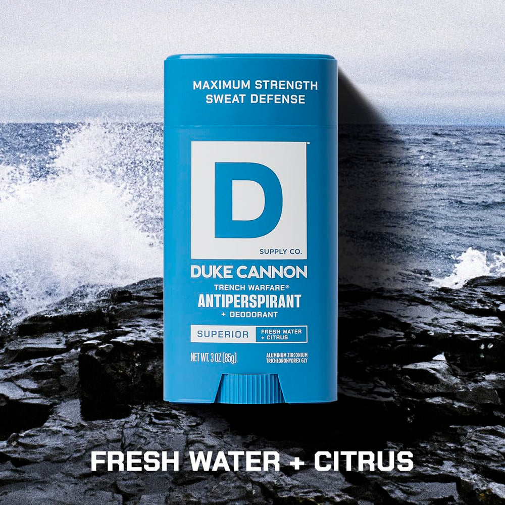 Duke Cannon Trench Warfare Fresh Water Citrus scent concept evokes lake freshness