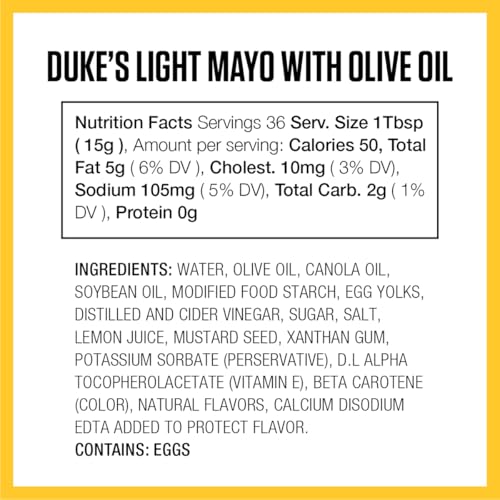Duke’s Light Mayonnaise olive oil blend squeeze bottle for quick spreads and salads.