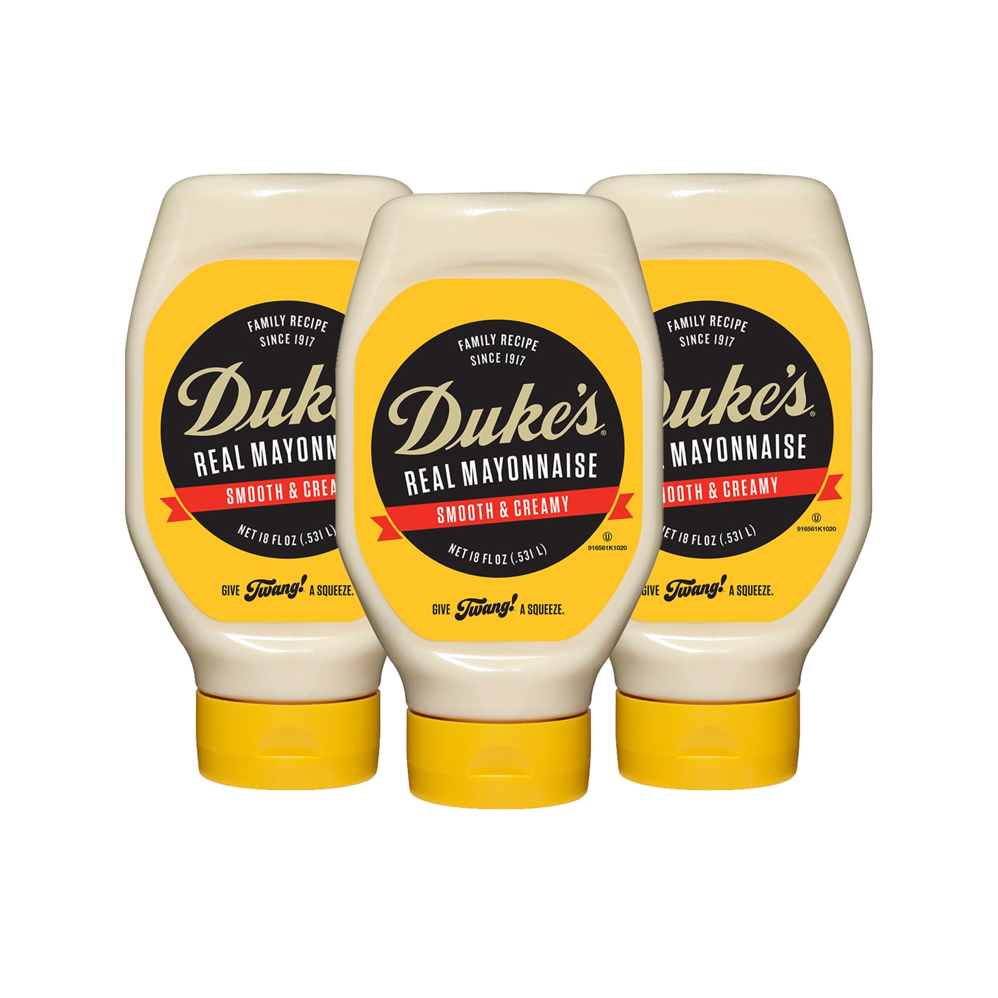 Duke’s Real Mayonnaise squeeze bottle label close-up, ideal for easy sandwich spreads.