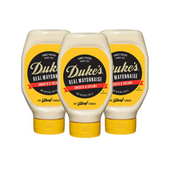 Duke’s Real Mayonnaise squeeze bottle label close-up, ideal for easy sandwich spreads.