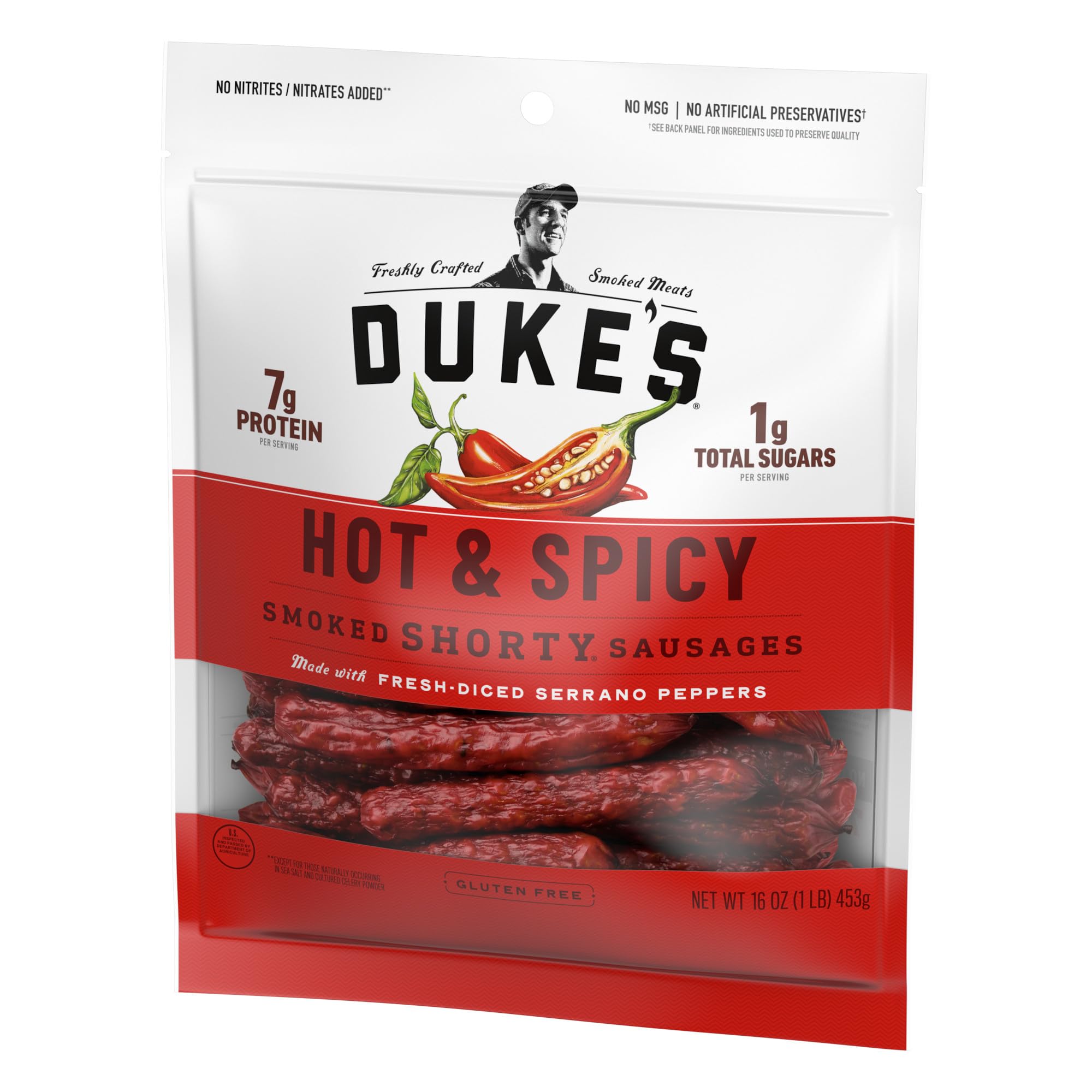 Duke's Shorty Sausages gluten-free label on packaging indicates gluten-free option.