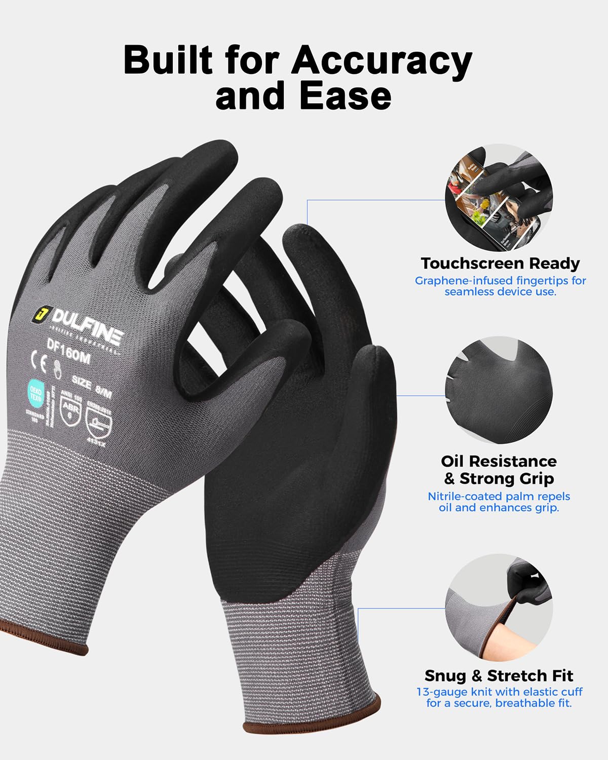 Seamless nylon knit provides comfort and reduced hand fatigue during long tasks.