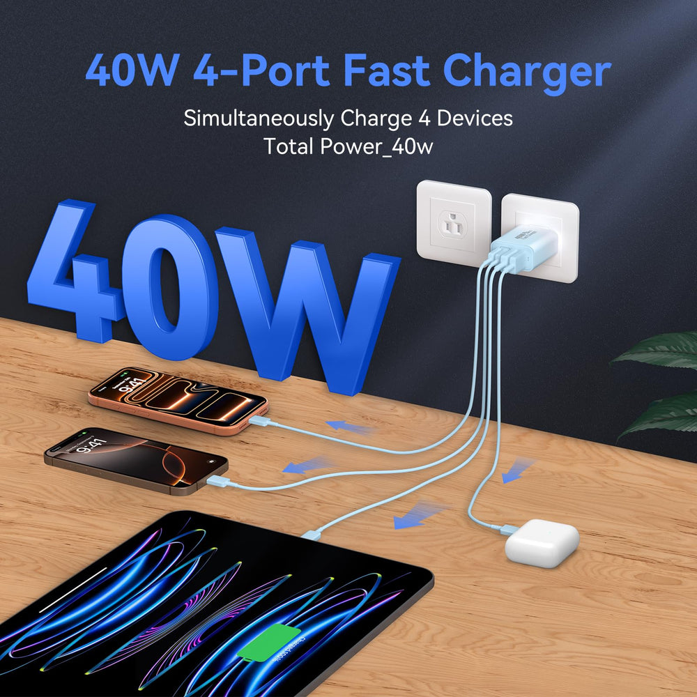 Duloch 4-port USB charger demonstrates USB-C and USB-A versatility for various devices.