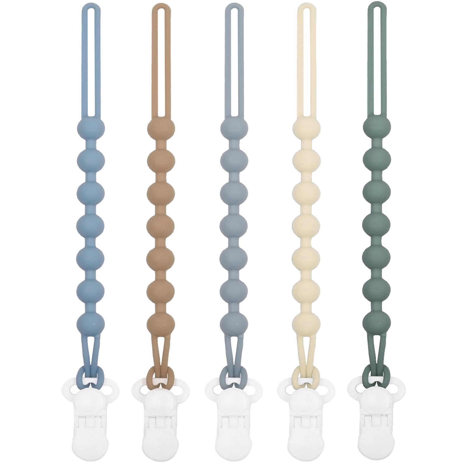 Duludulu 5-pack silicone pacifier clip blue closeup highlights rust-free design and smooth surface