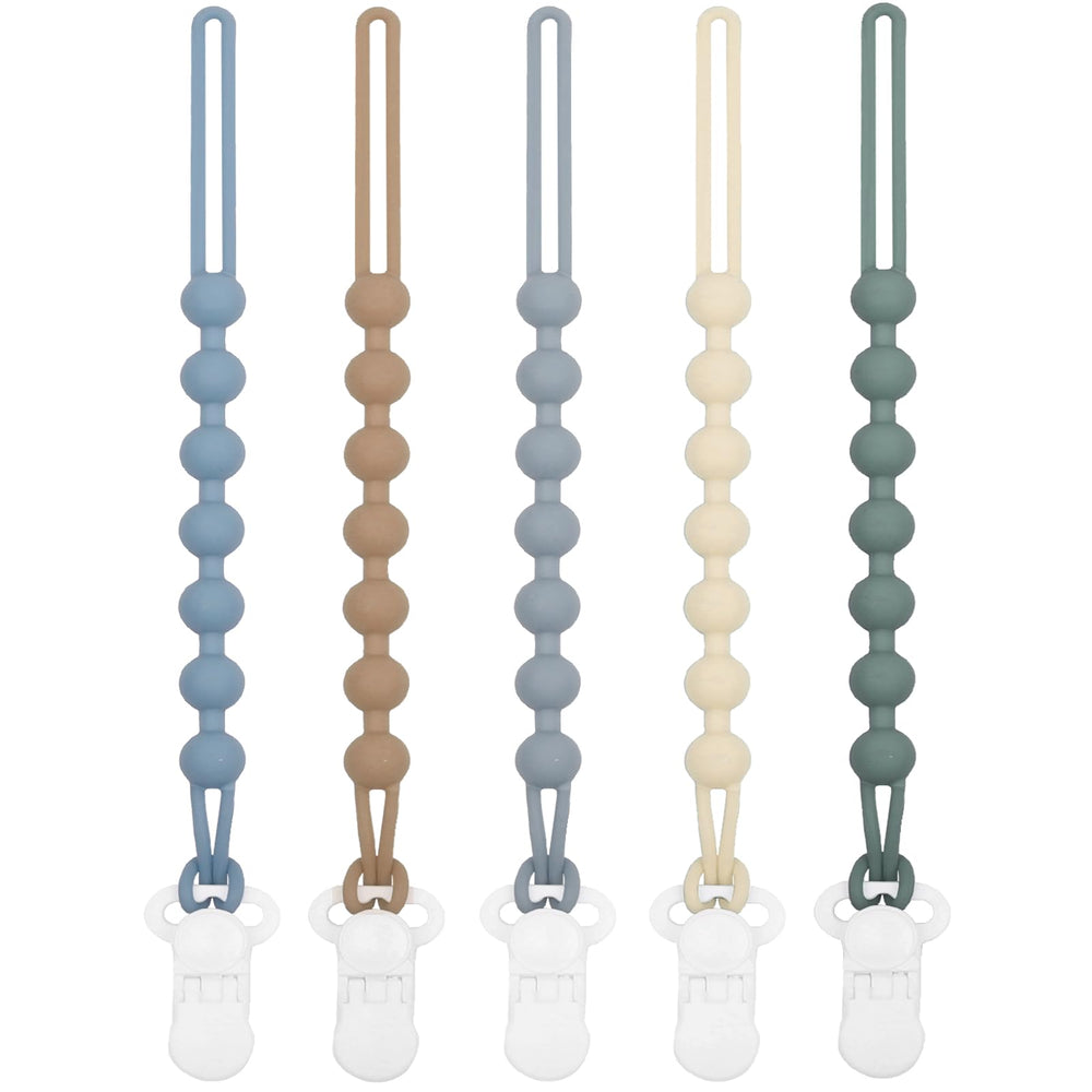 Duludulu 5-pack silicone pacifier clip blue closeup highlights rust-free design and smooth surface