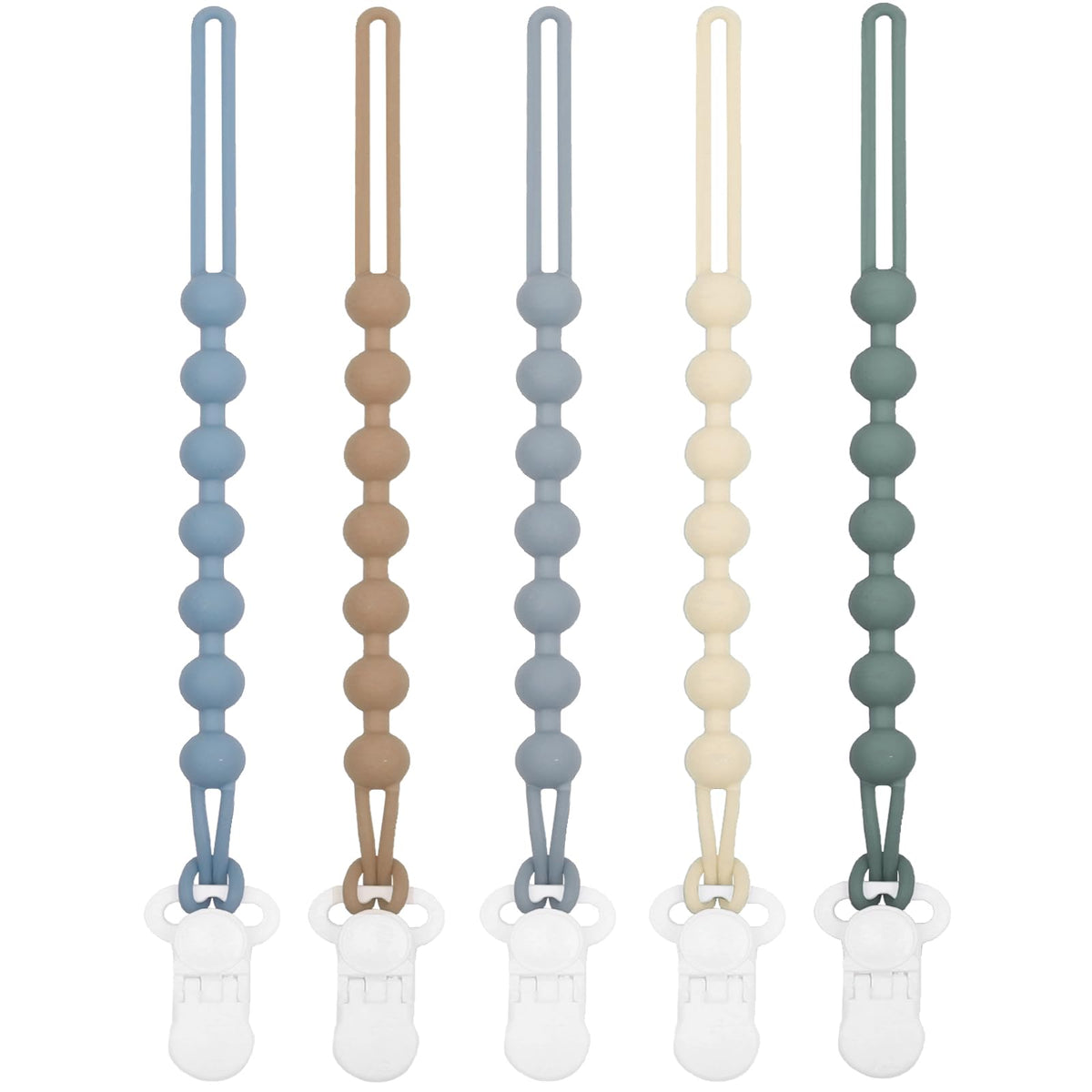 Duludulu 5-pack silicone pacifier clip blue closeup highlights rust-free design and smooth surface