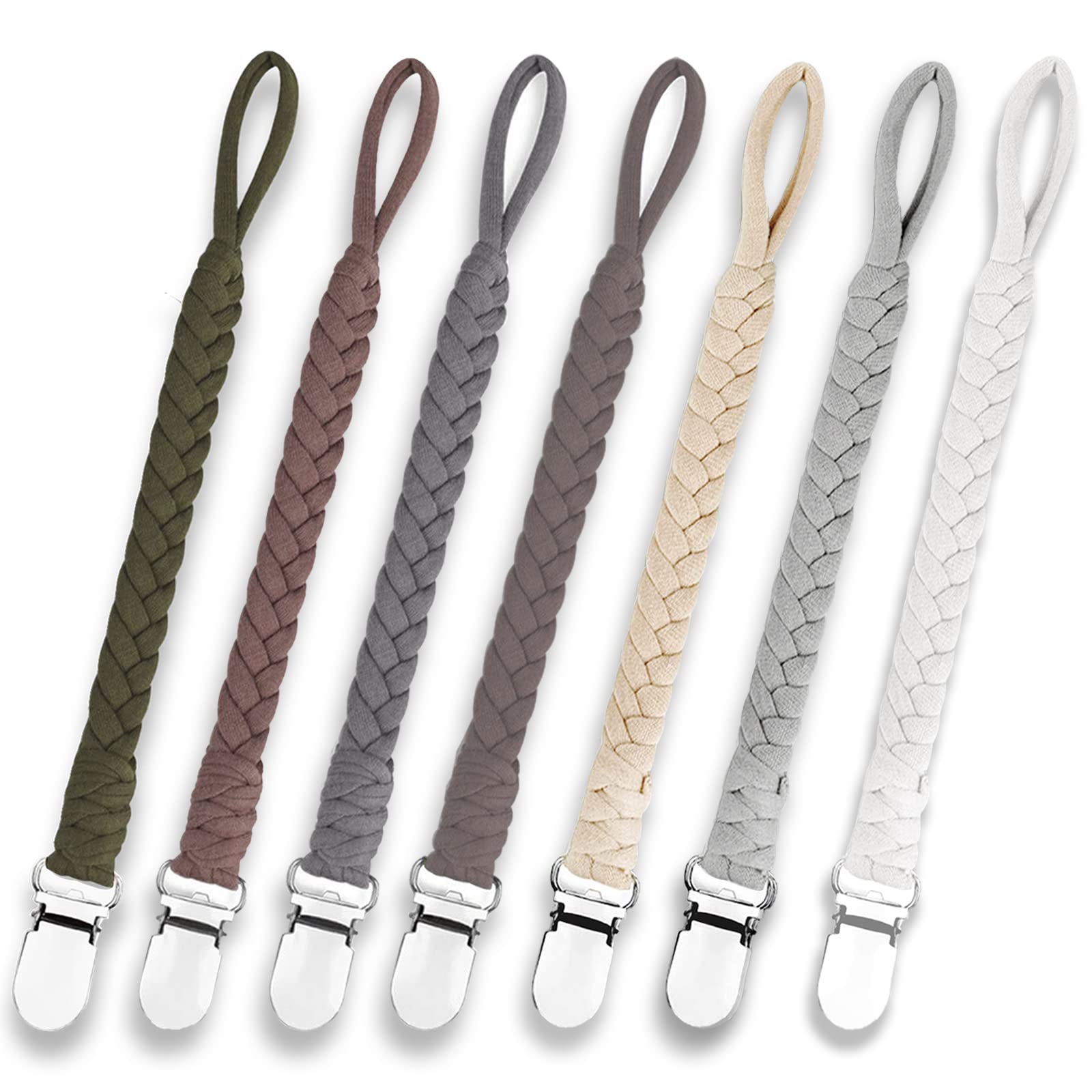 Duludulu 7-pcs braided pacifier clip set keeps pacifiers organized and accessible.