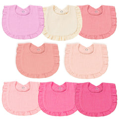 duludulu Baby Muslin Bibs in pink and purple, gentle drool protection for baby.