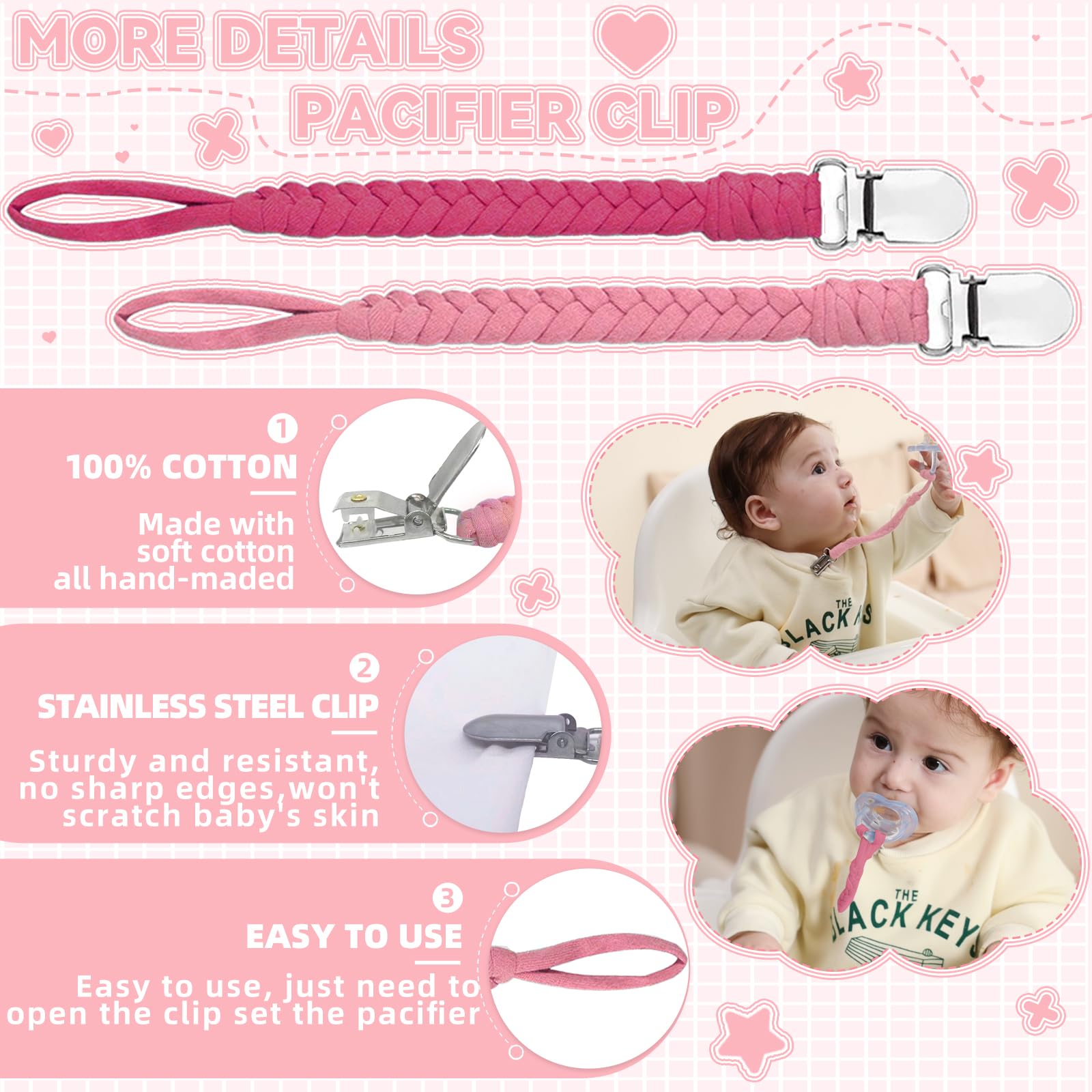 Duludulu pacifier clip universal fit image shows secure grip on clothing without slipping.